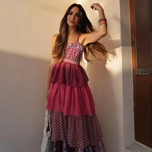 Bohemian Halter Maxi Dress - Patterned Tiered Skirt