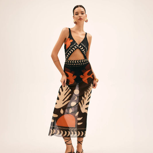 Abstract Maxi Dress - Keyhole Neckline, Sheer