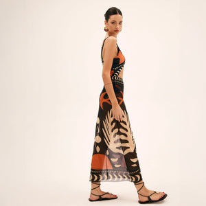 Abstract Maxi Dress - Keyhole Neckline, Sheer