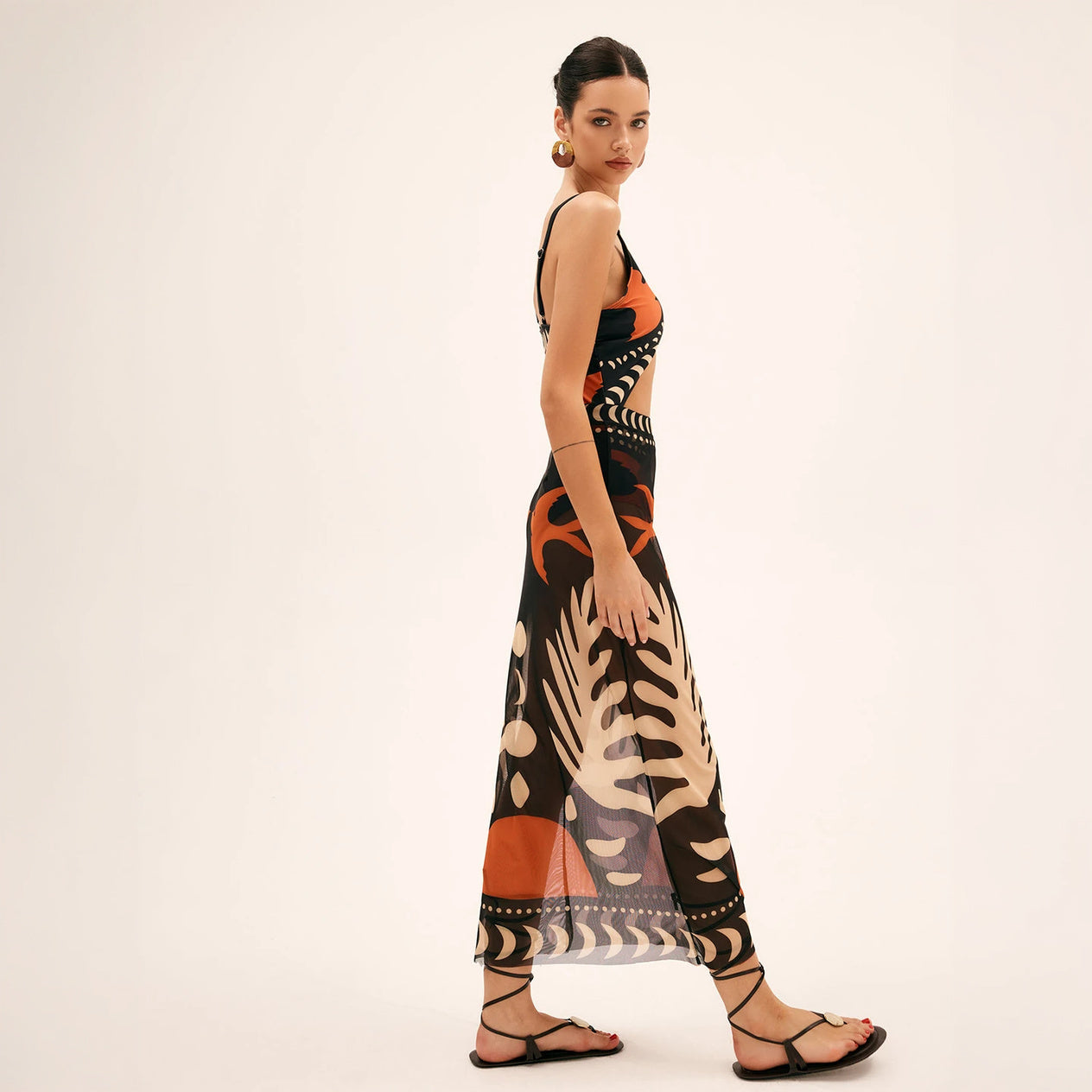 Abstract Maxi Dress - Keyhole Neckline, Sheer
