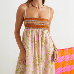 Bohemian Maxi Dress - Woven Bodice, Pink