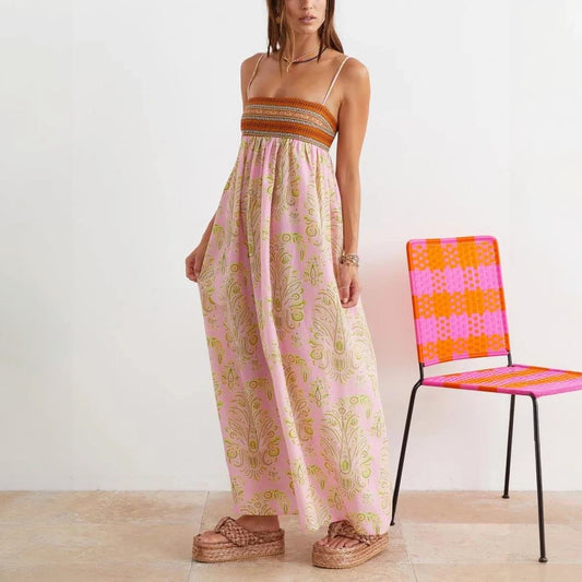 Bohemian Maxi Dress - Woven Bodice, Pink