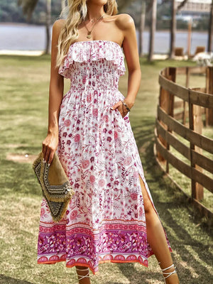 Floral Print Midi Dress - Strapless with Slit