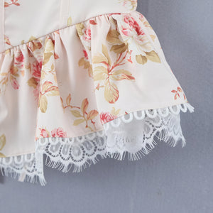 Floral Peplum Top - Lace Trim & Puffed Sleeves
