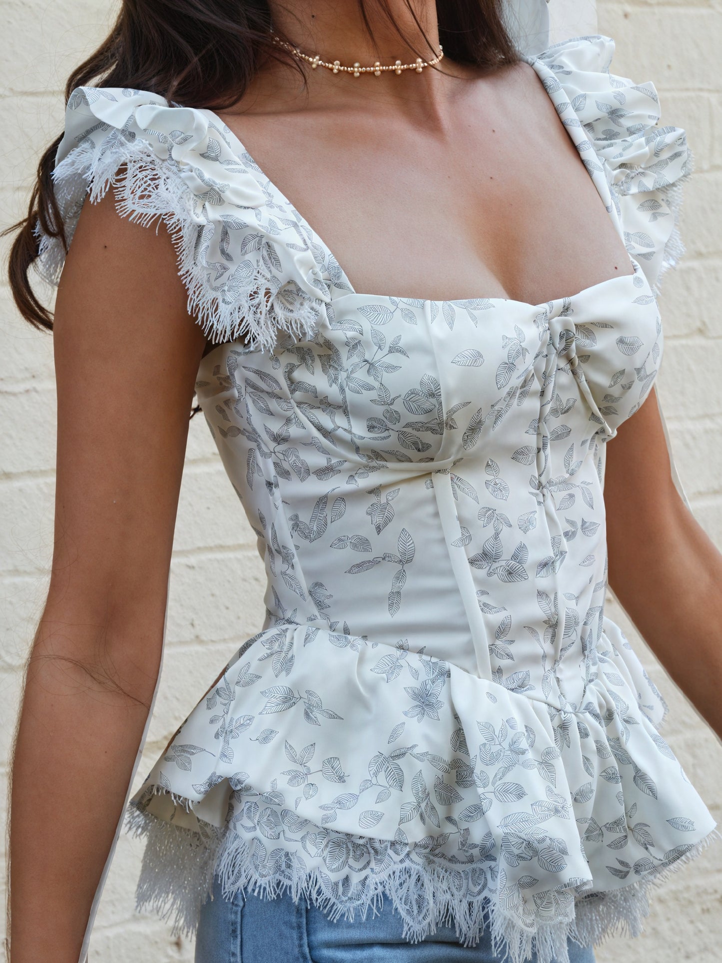 Floral Peplum Top - Lace Trim & Puffed Sleeves