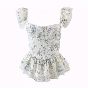 Floral Peplum Top - Lace Trim & Puffed Sleeves