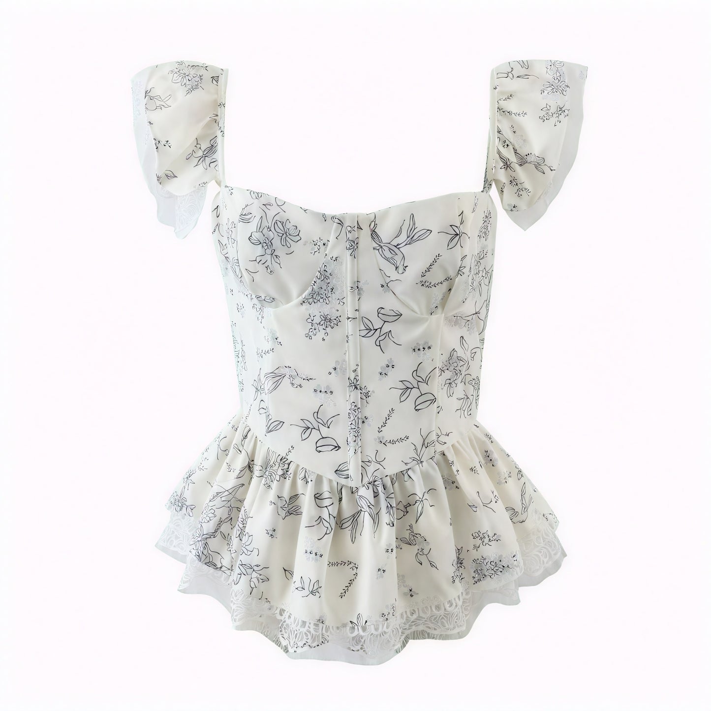 Floral Peplum Top - Lace Trim & Puffed Sleeves