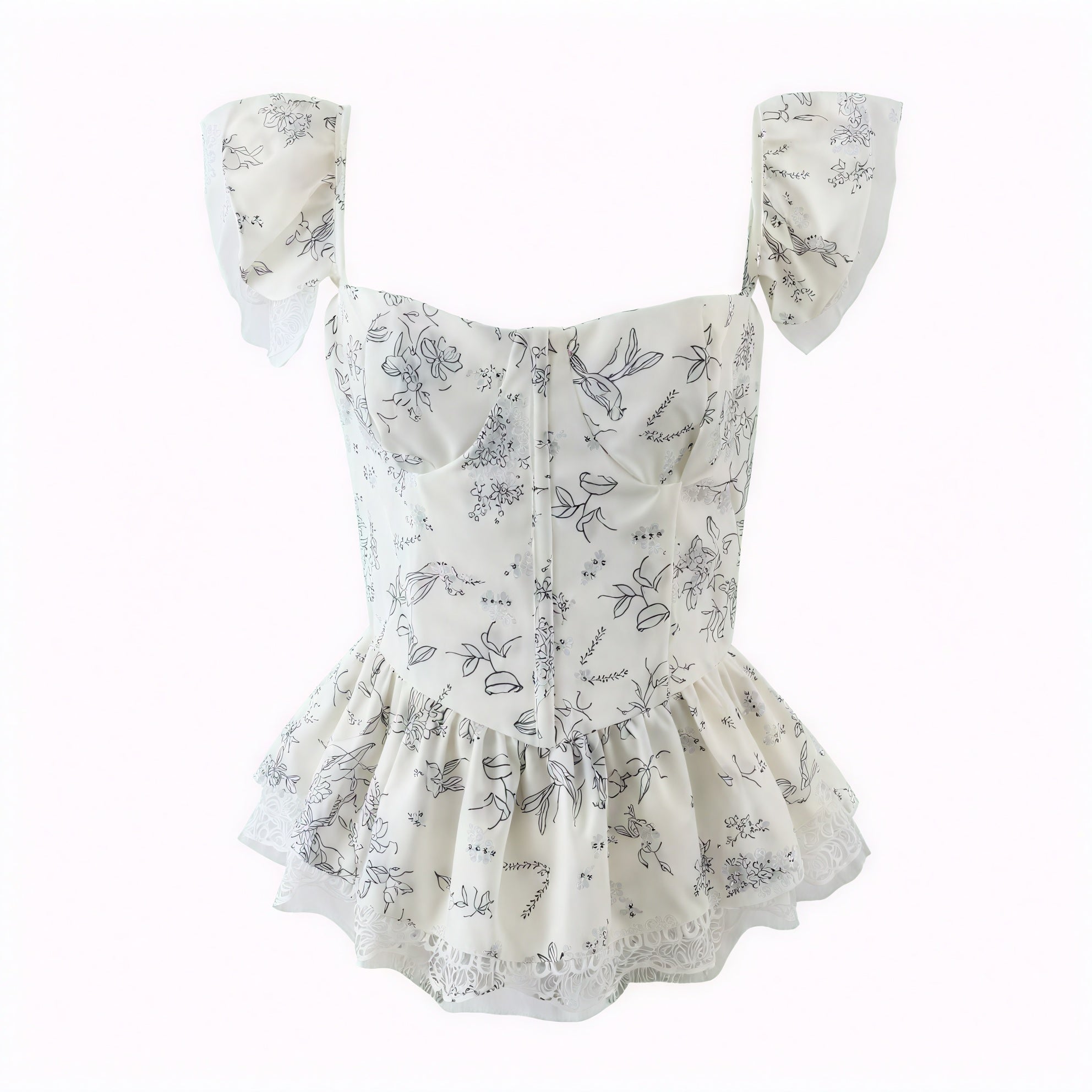 Floral Peplum Top - Lace Trim & Puffed Sleeves