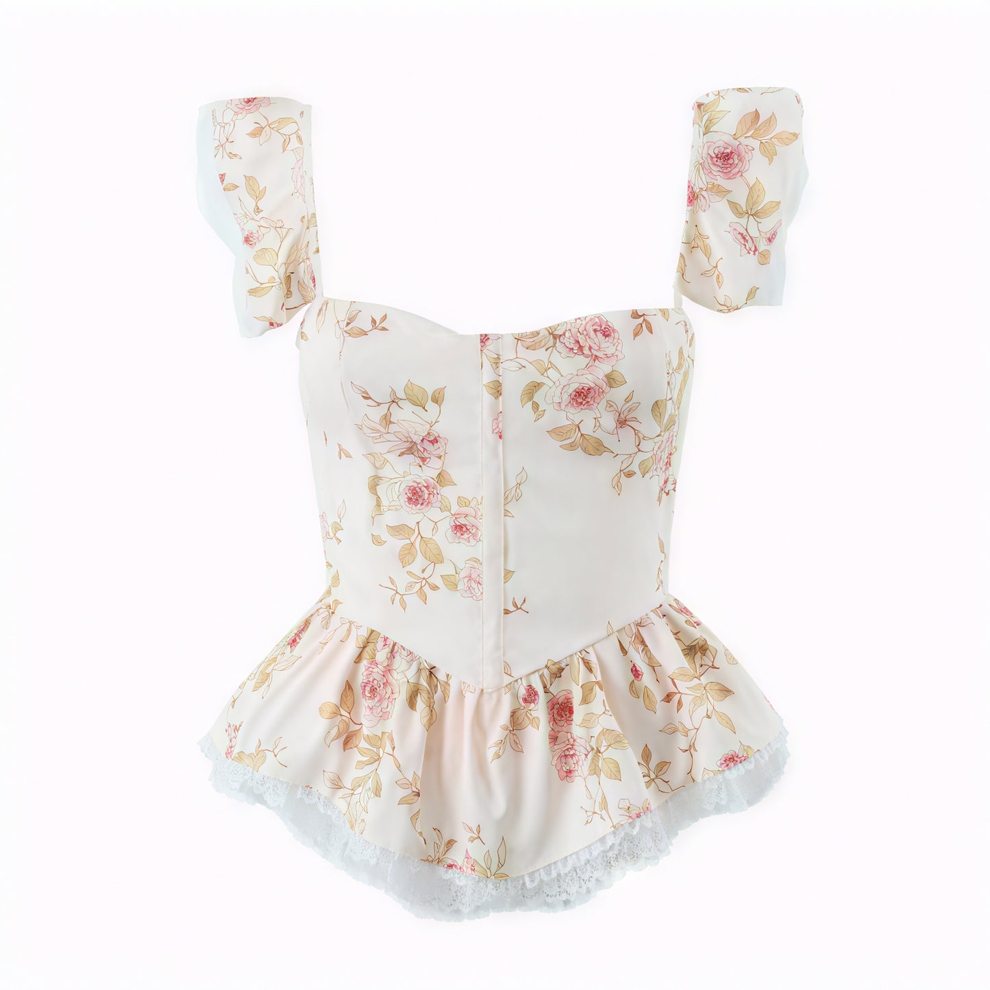 Floral Peplum Top - Lace Trim & Puffed Sleeves