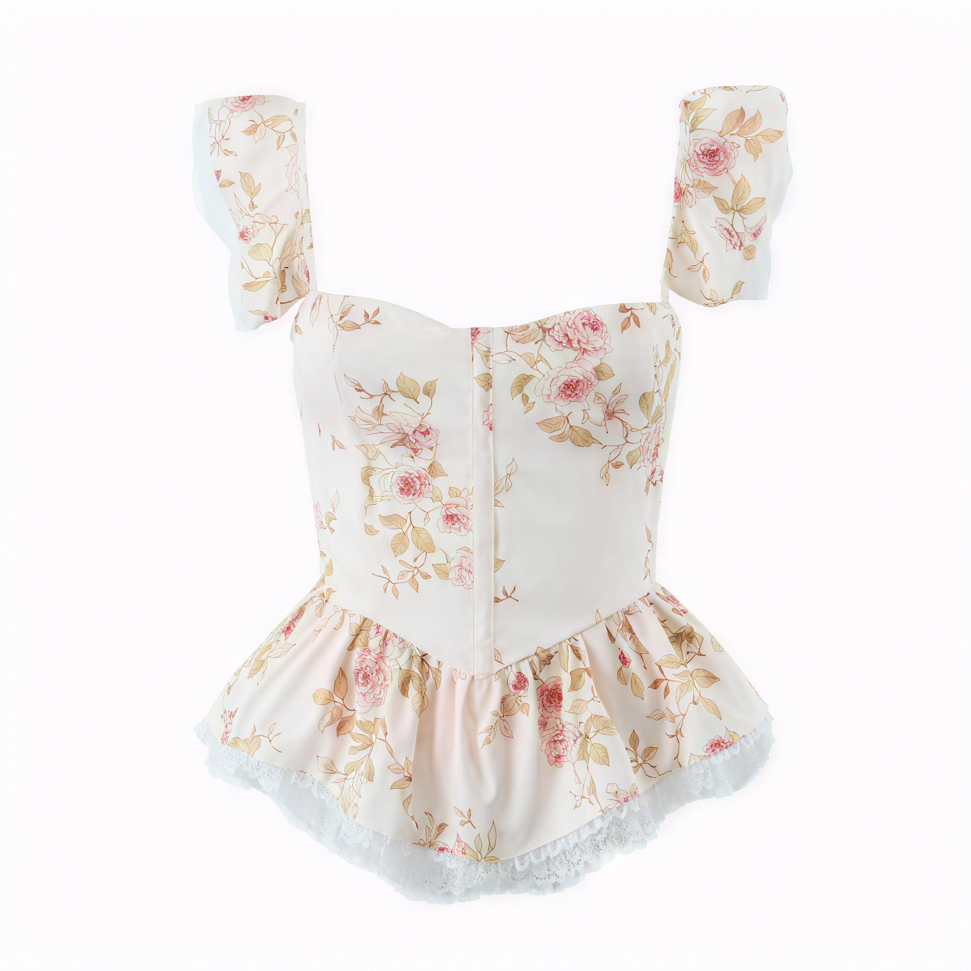Floral Peplum Top - Lace Trim & Puffed Sleeves