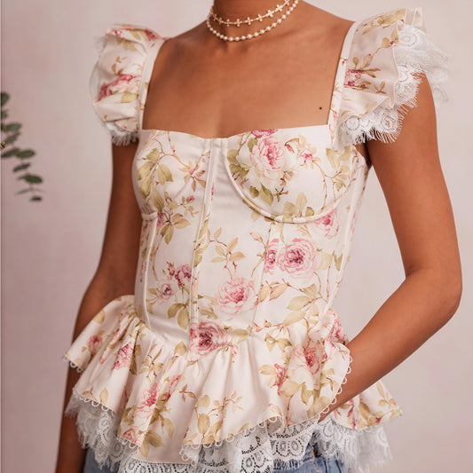Floral Peplum Top - Lace Trim & Puffed Sleeves