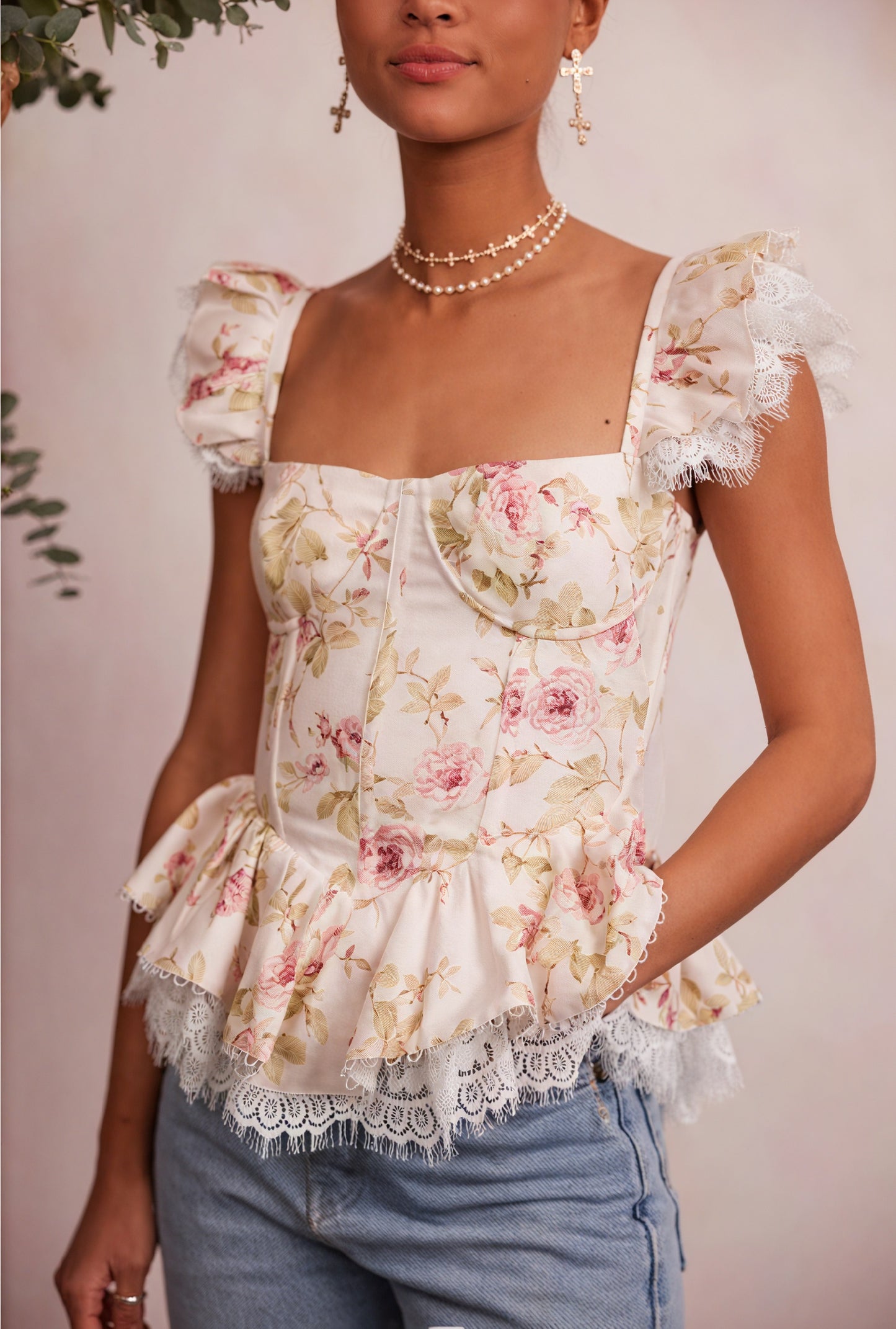 Floral Peplum Top - Lace Trim & Puffed Sleeves