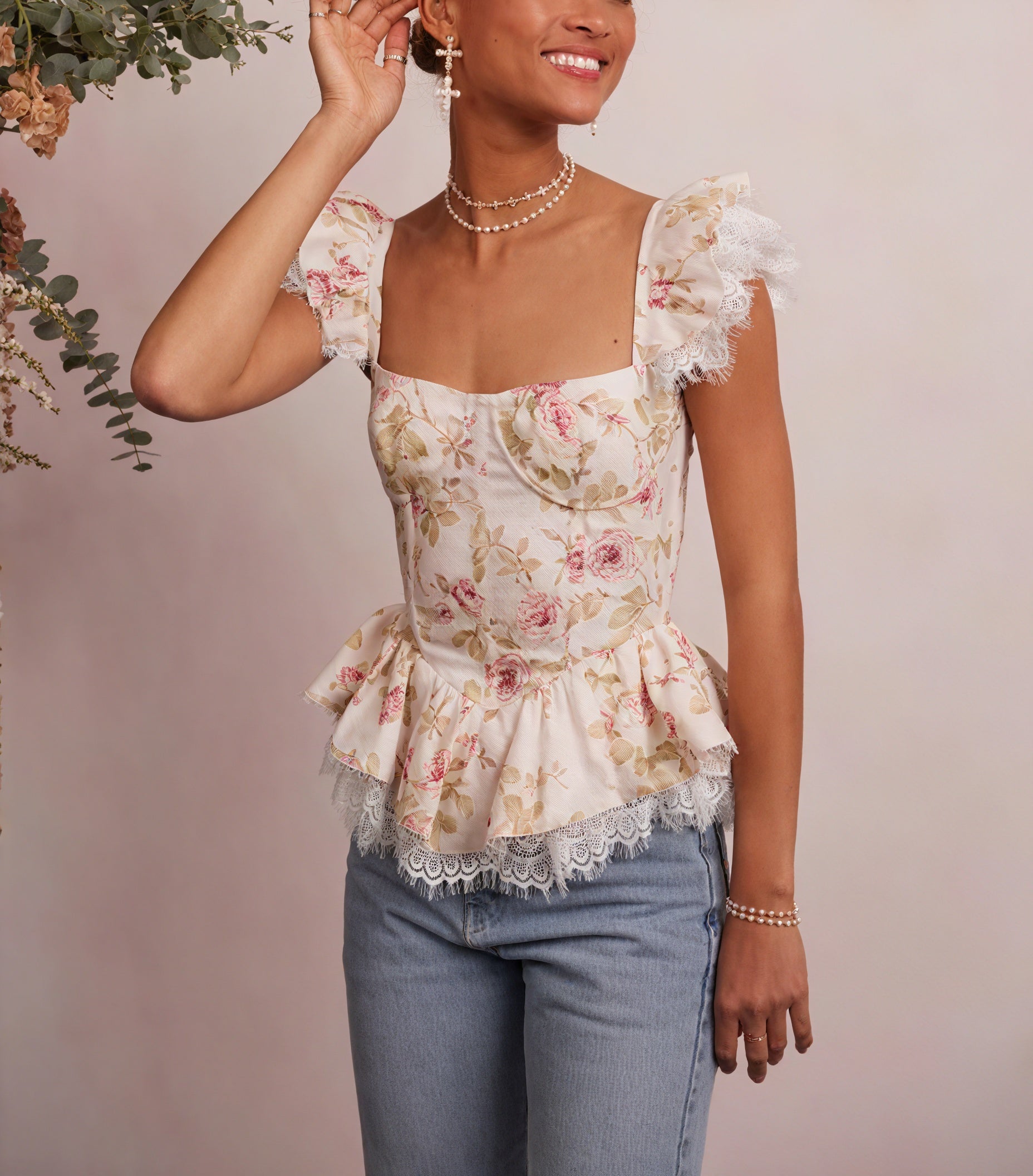 Floral Peplum Top - Lace Trim & Puffed Sleeves