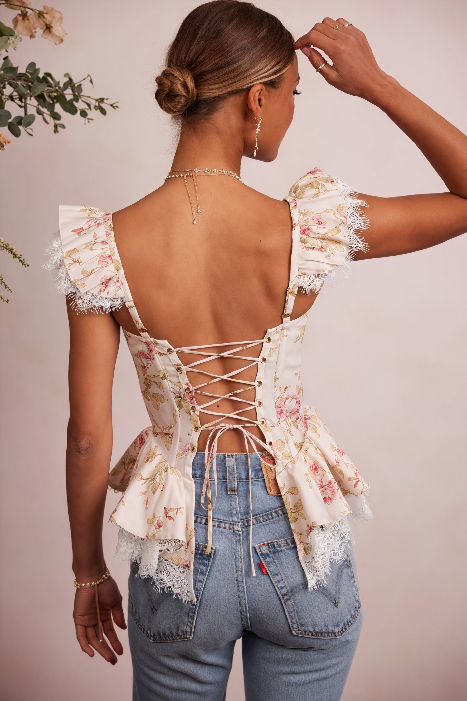Floral Peplum Top - Lace Trim & Puffed Sleeves
