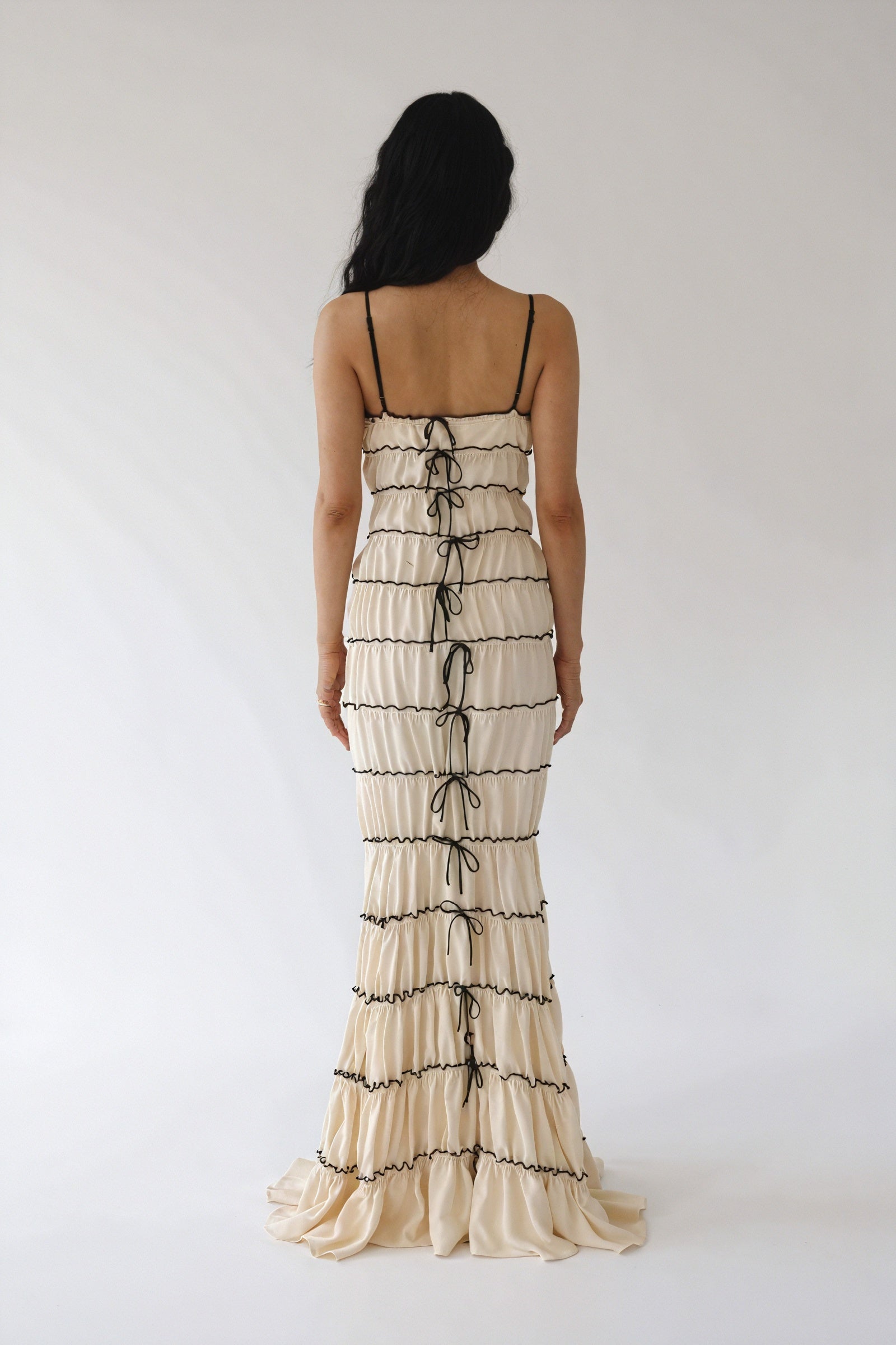 Tiered Ribbon Tie Maxi Dress - Black Trim