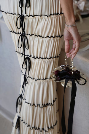 Tiered Ribbon Tie Maxi Dress - Black Trim
