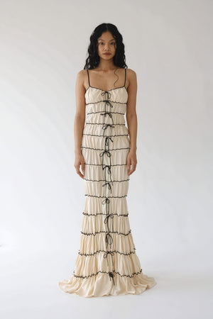 Tiered Ribbon Tie Maxi Dress - Black Trim