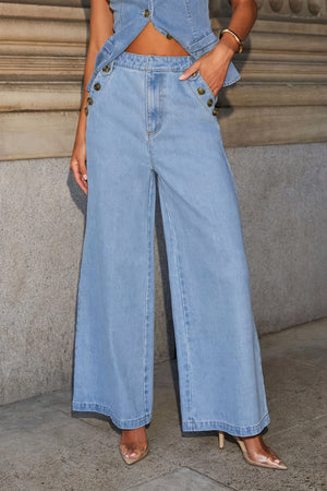 Denim Vest & Wide-Leg Pant Set - Gold Buttons