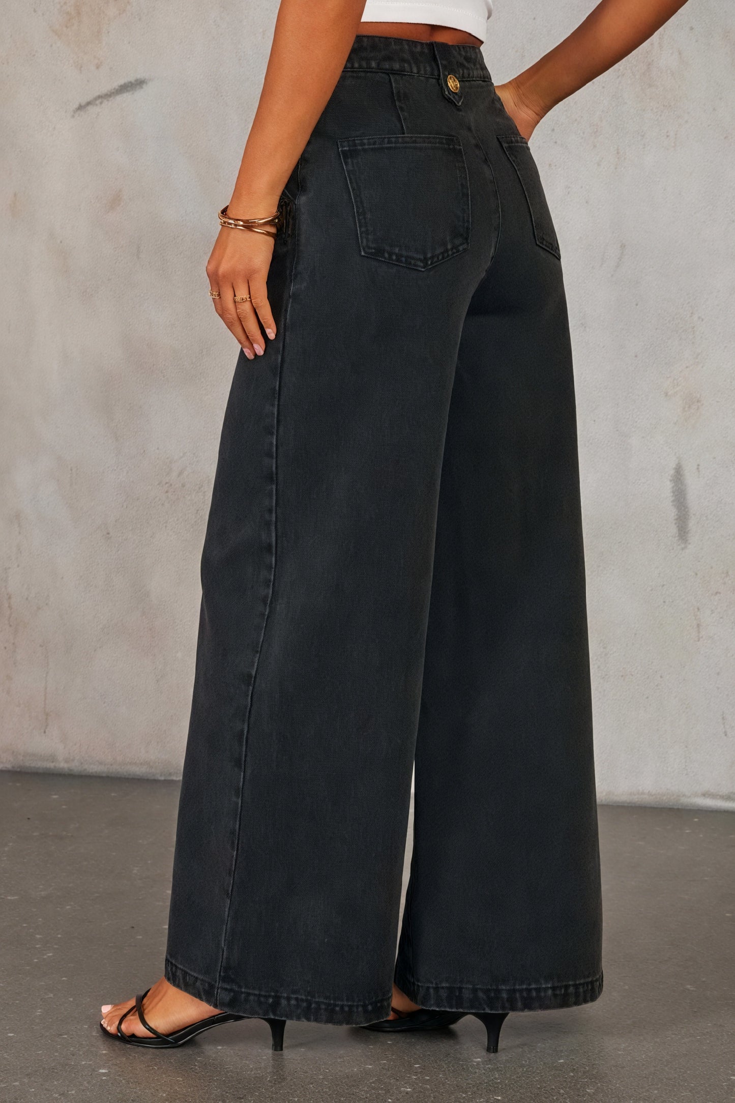 Denim Vest & Wide-Leg Pant Set - Gold Buttons