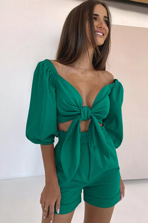 Tie-Front Top & High-Waisted Shorts Set