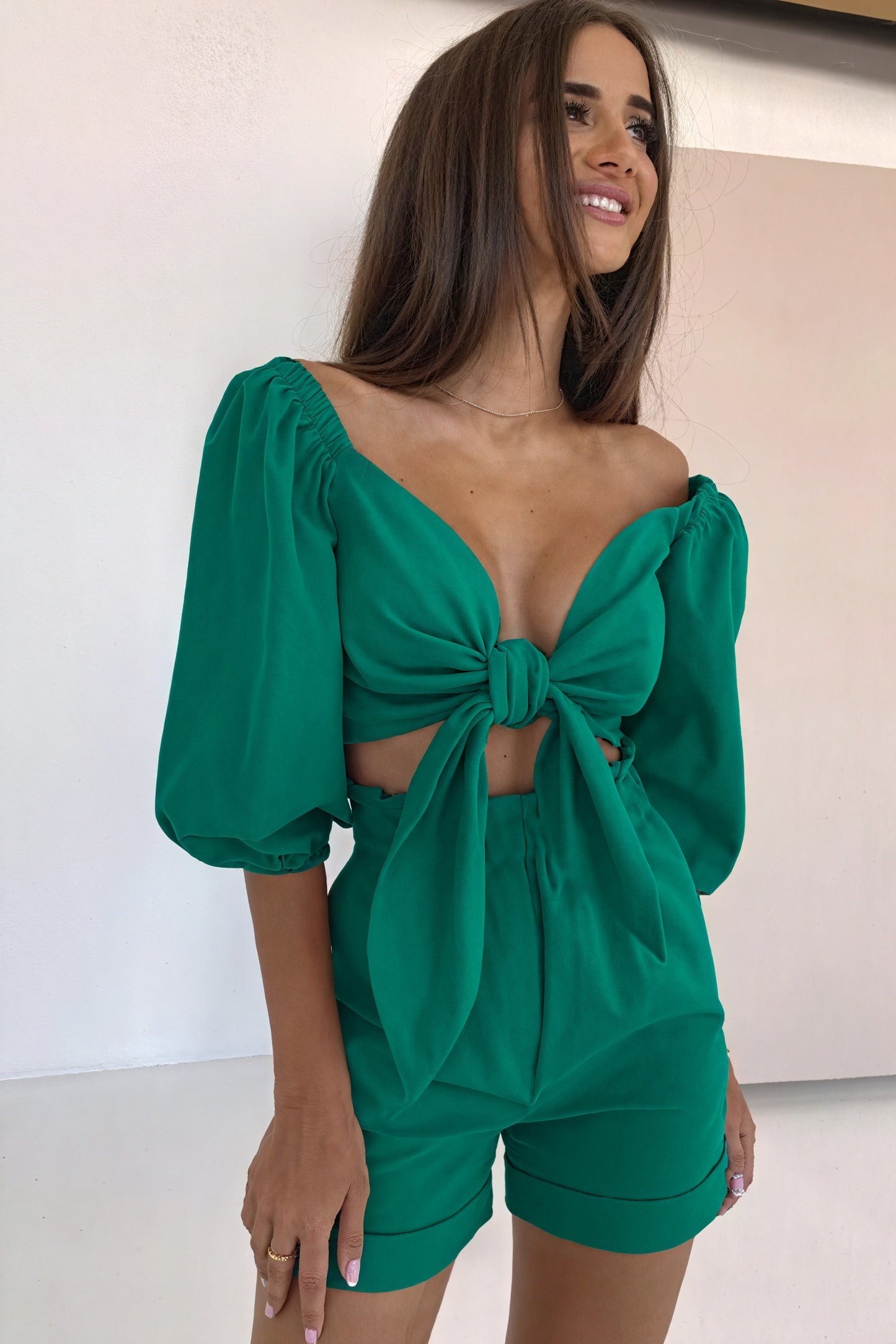 Tie-Front Top & High-Waisted Shorts Set
