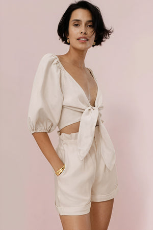 Tie-Front Top with V-Neck and Puffed Sleeves