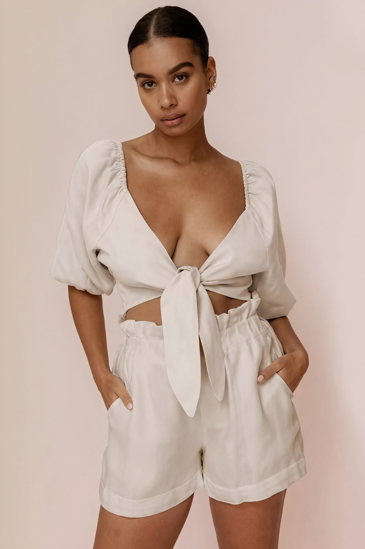 Tie-Front Top with V-Neck and Puffed Sleeves