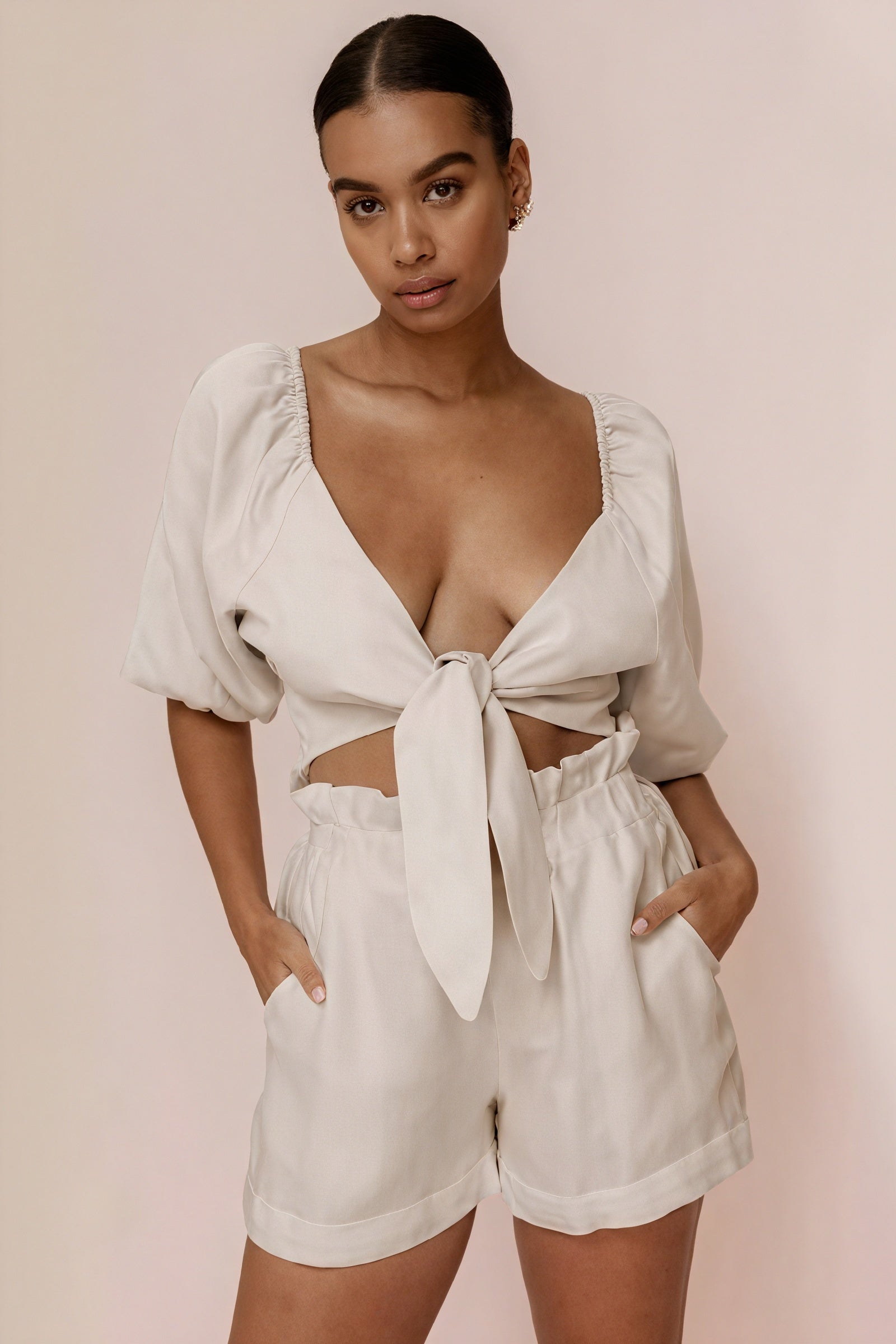 Tie-Front Top with V-Neck and Puffed Sleeves