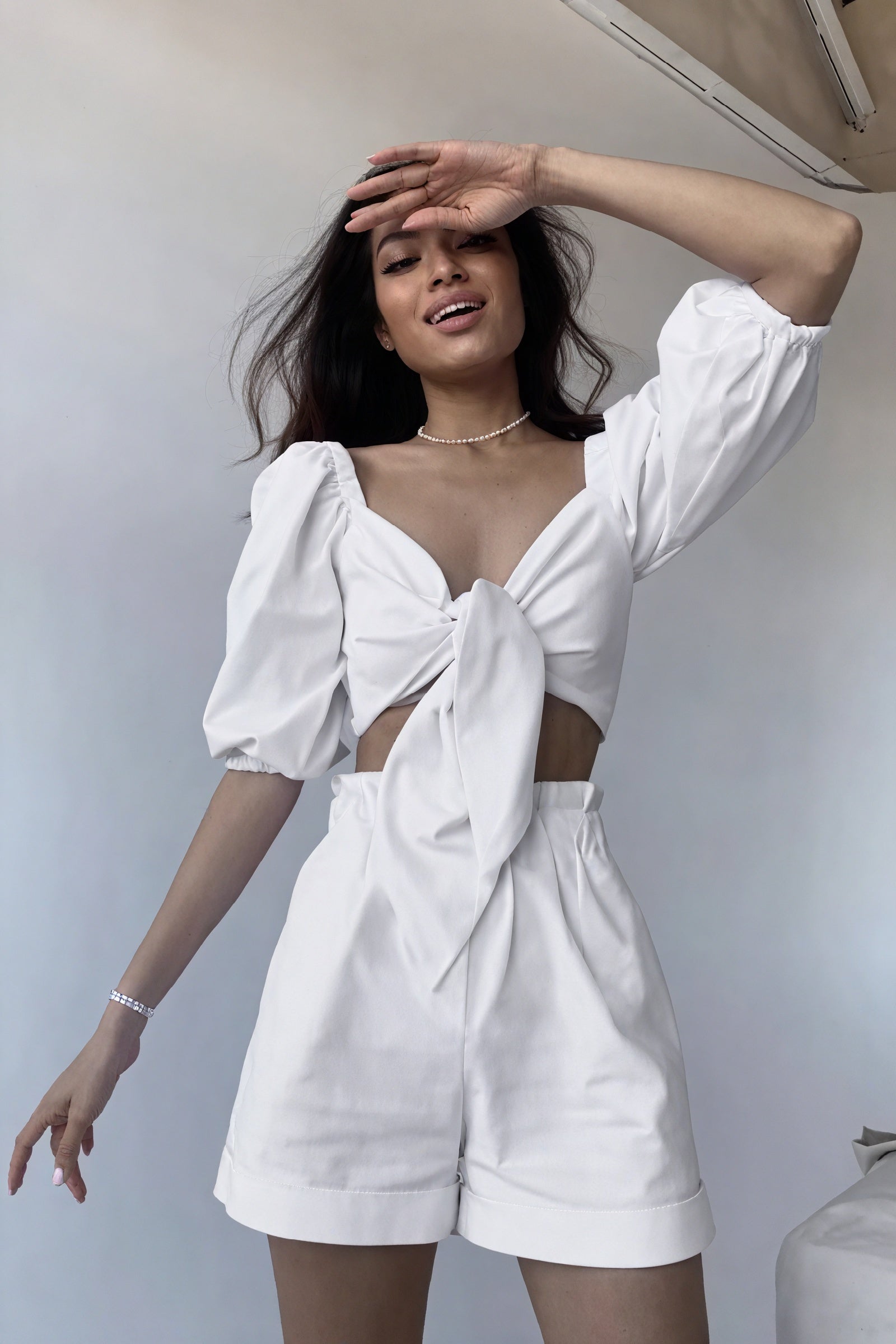 Tie-Front Top - Puffed Sleeves, Tailored Fit