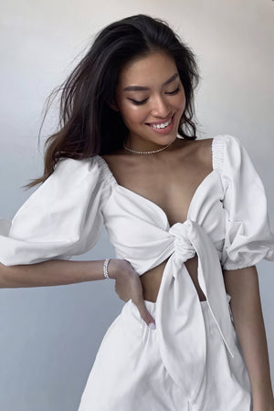 Tie-Front Top - Puffed Sleeves, Tailored Fit