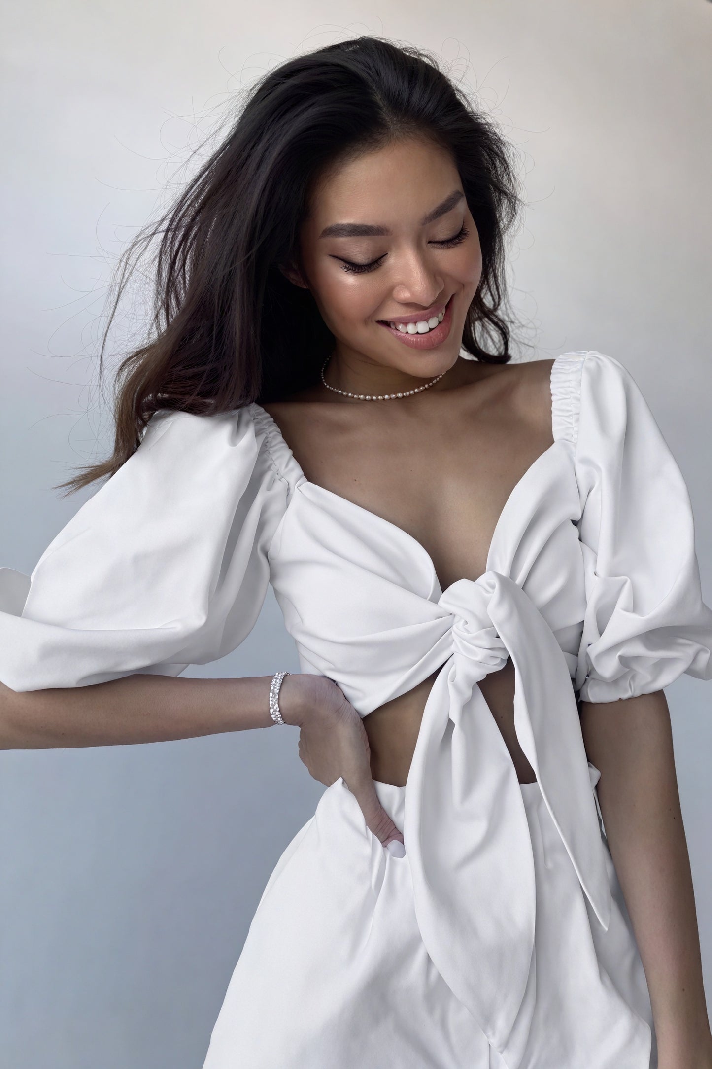 Tie-Front Top - Puffed Sleeves, Tailored Fit