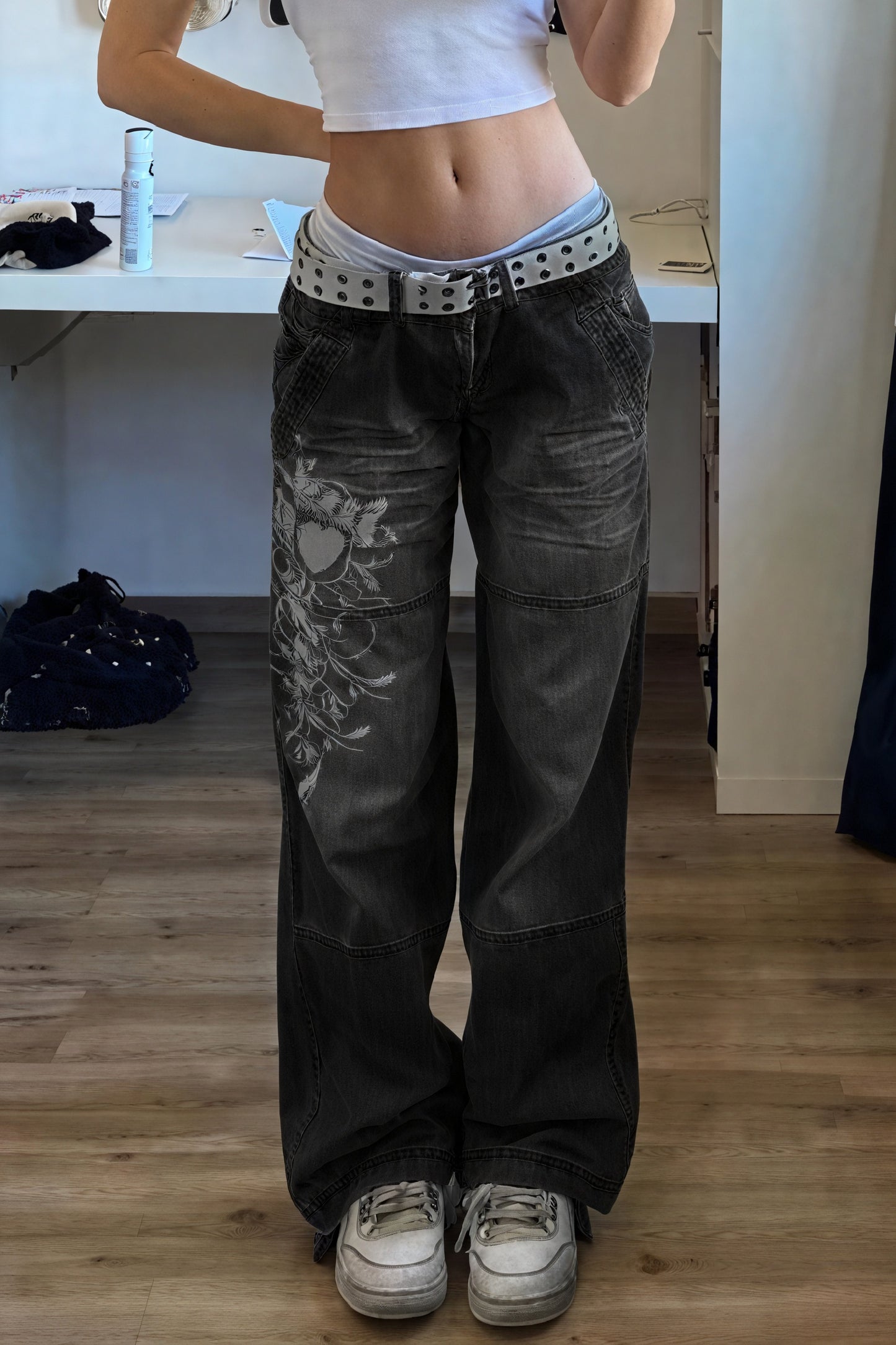 Floral Wide-Leg Jeans - High-Waisted Denim