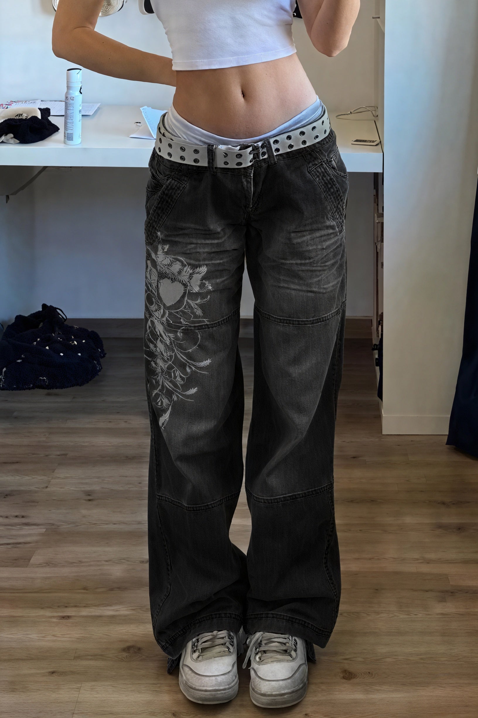Floral Wide-Leg Jeans - High-Waisted Denim