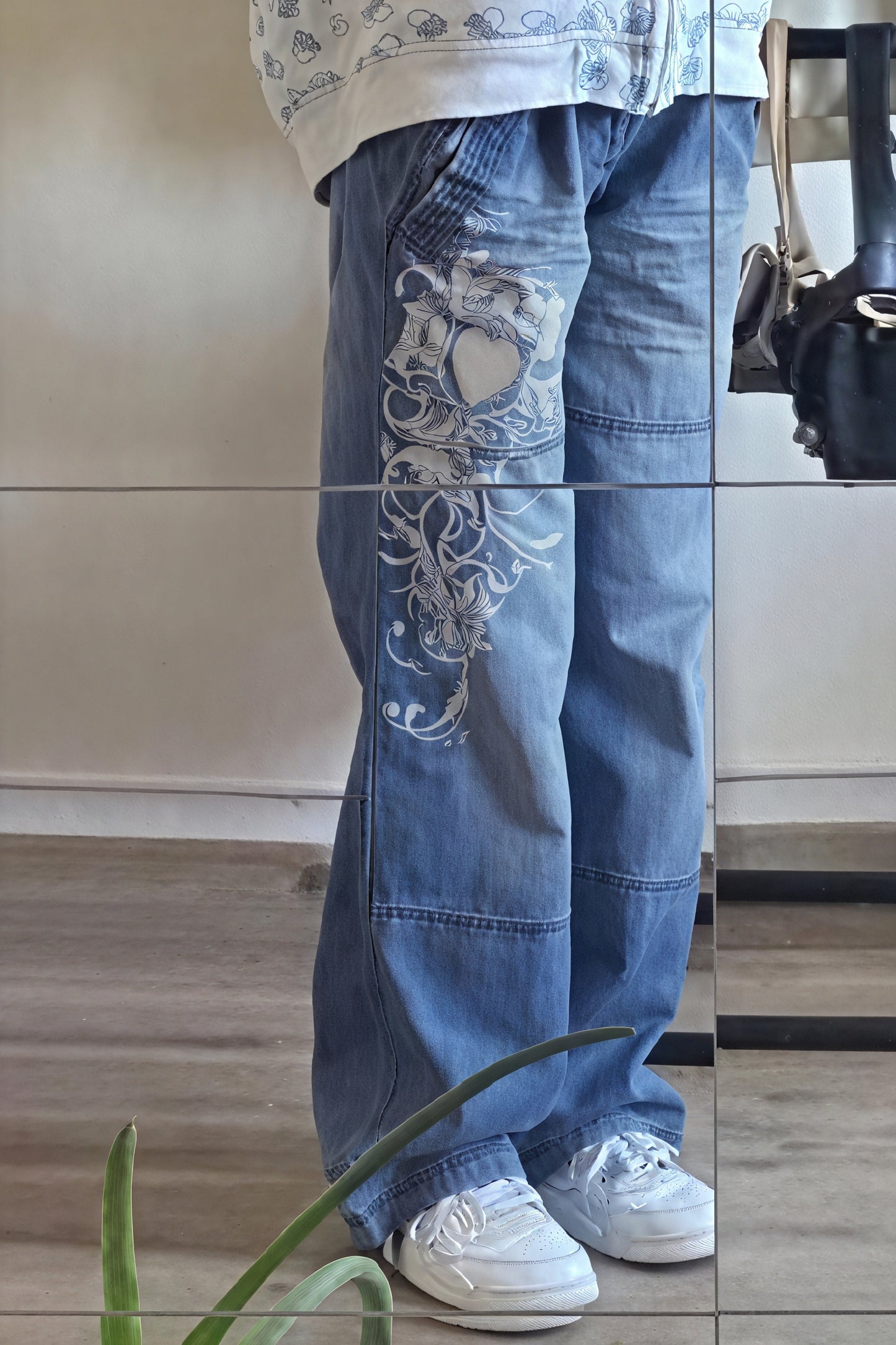 Floral Wide-Leg Jeans - High-Waisted Denim