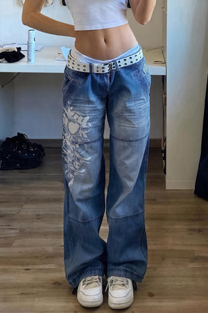 Floral Wide-Leg Jeans - High-Waisted Denim