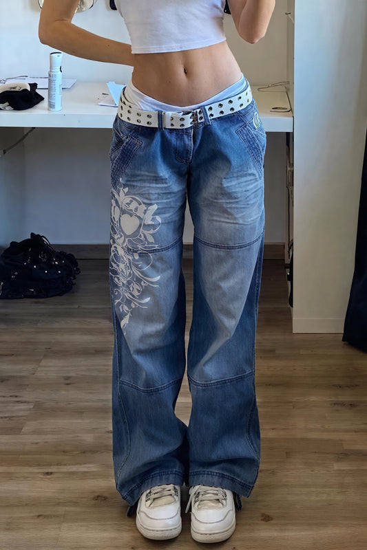 Floral Wide-Leg Jeans - High-Waisted Denim