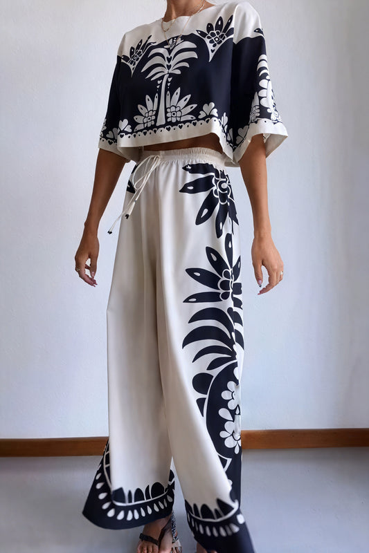 Floral Two-Piece Set - Cropped Top, Wide Leg