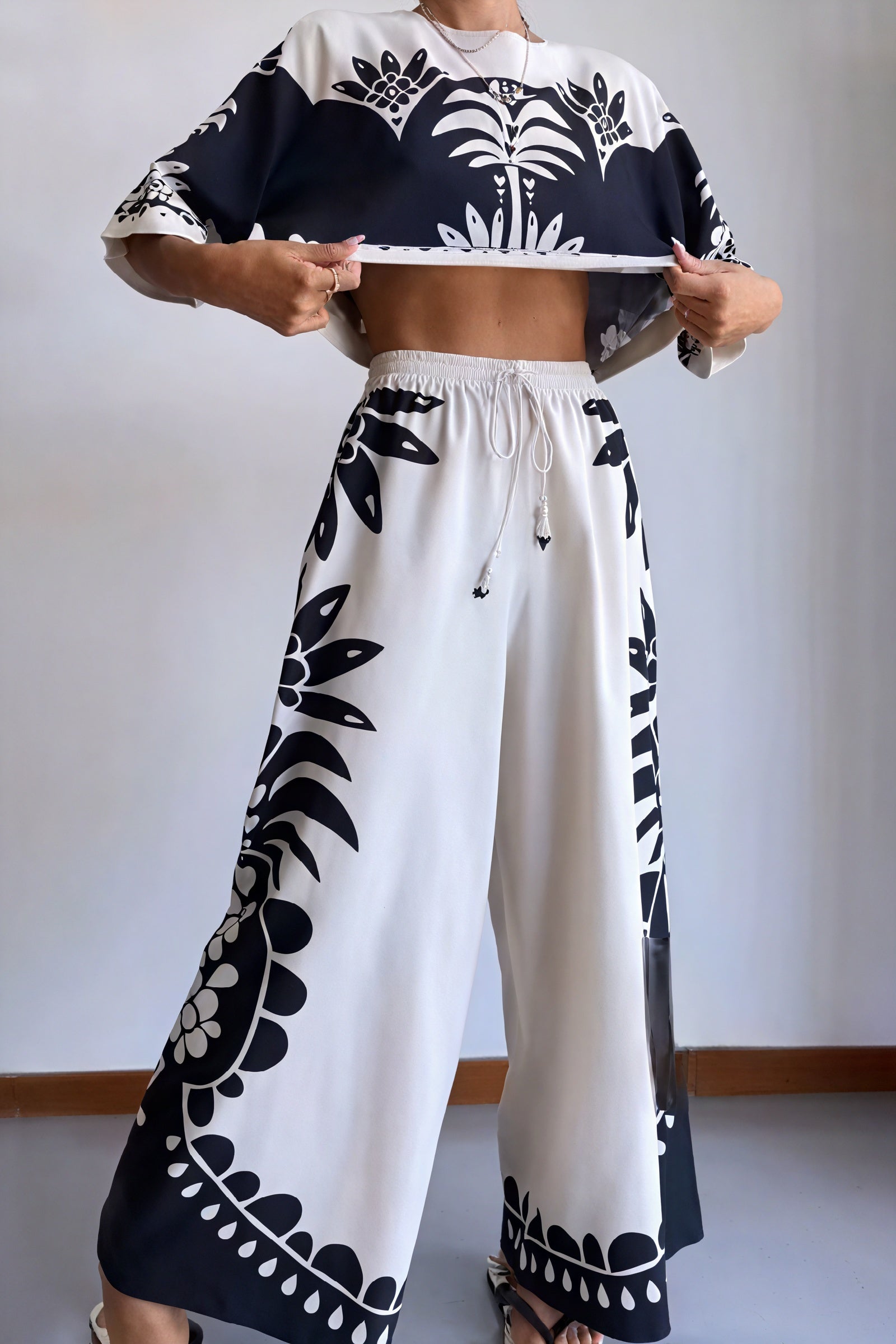 Floral Two-Piece Set - Cropped Top, Wide Leg