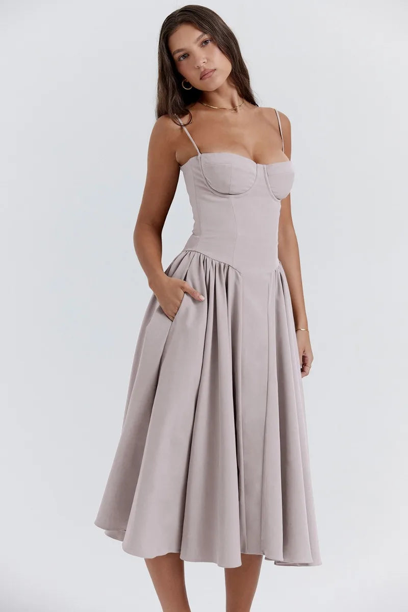Women's Midi Dress – Pleated Skirt, Structured Bodice, Pockets-83506-7a50ceae-9c21-443c-acd1-e1803534006f