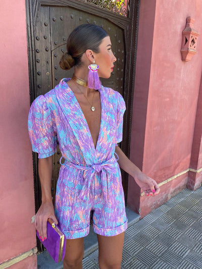 Abstract Print Wrap Romper with Belt