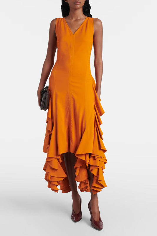 Ruffled High-Low Dress with V-Neck