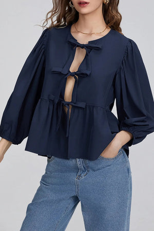 Basicfold Women's Bow Detail Peplum Blouse – Three-Quarter Sleeves, Multiple Colors-83302-7d4e6c03-11c0-4ec6-93fd-1b768035917f