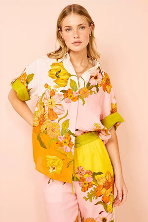 Floral Print Two-Piece Suit - Wide Leg, Short Sleeve