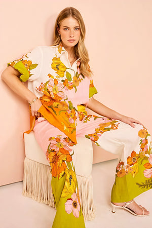 Floral Print Two-Piece Suit - Wide Leg, Short Sleeve