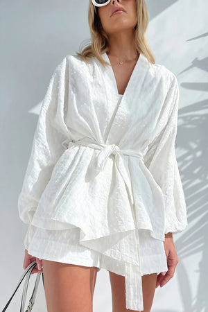 Textured Kimono with Belt & Wide Sleeves