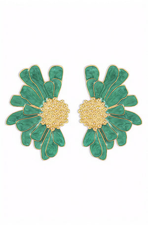 Floral Drop Earrings - Green Enamel, Gold Accents