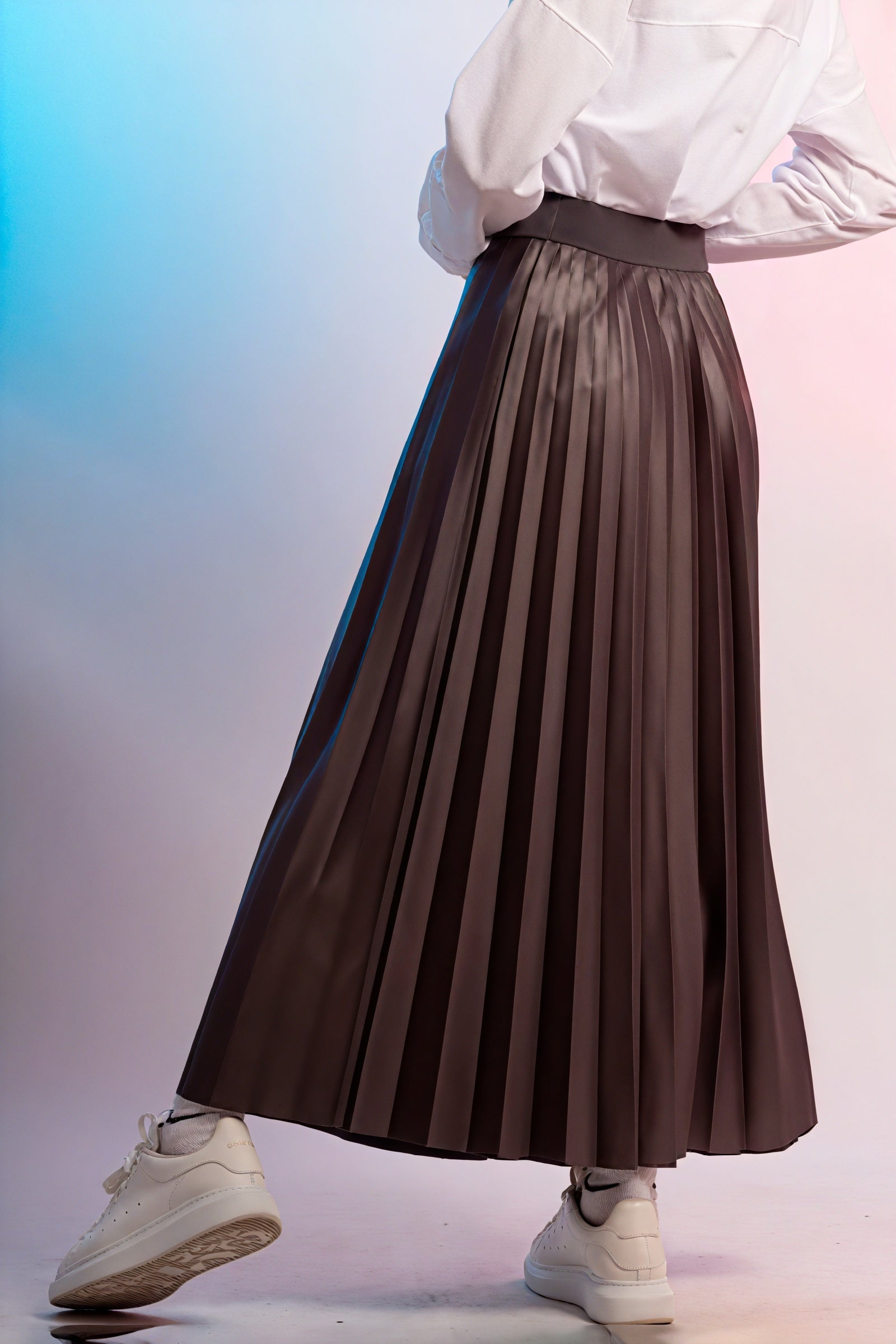 Pleated A-Line Midi Skirt - Tulle Hem
