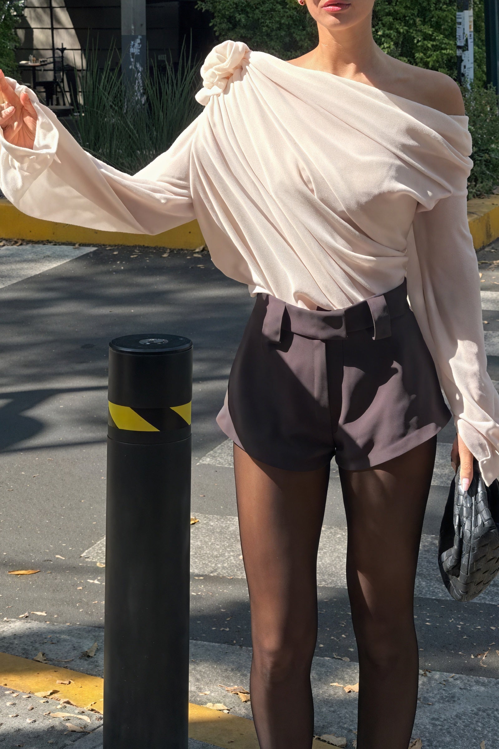 Sculpted Shoulder Top - Rose Detail, Beige