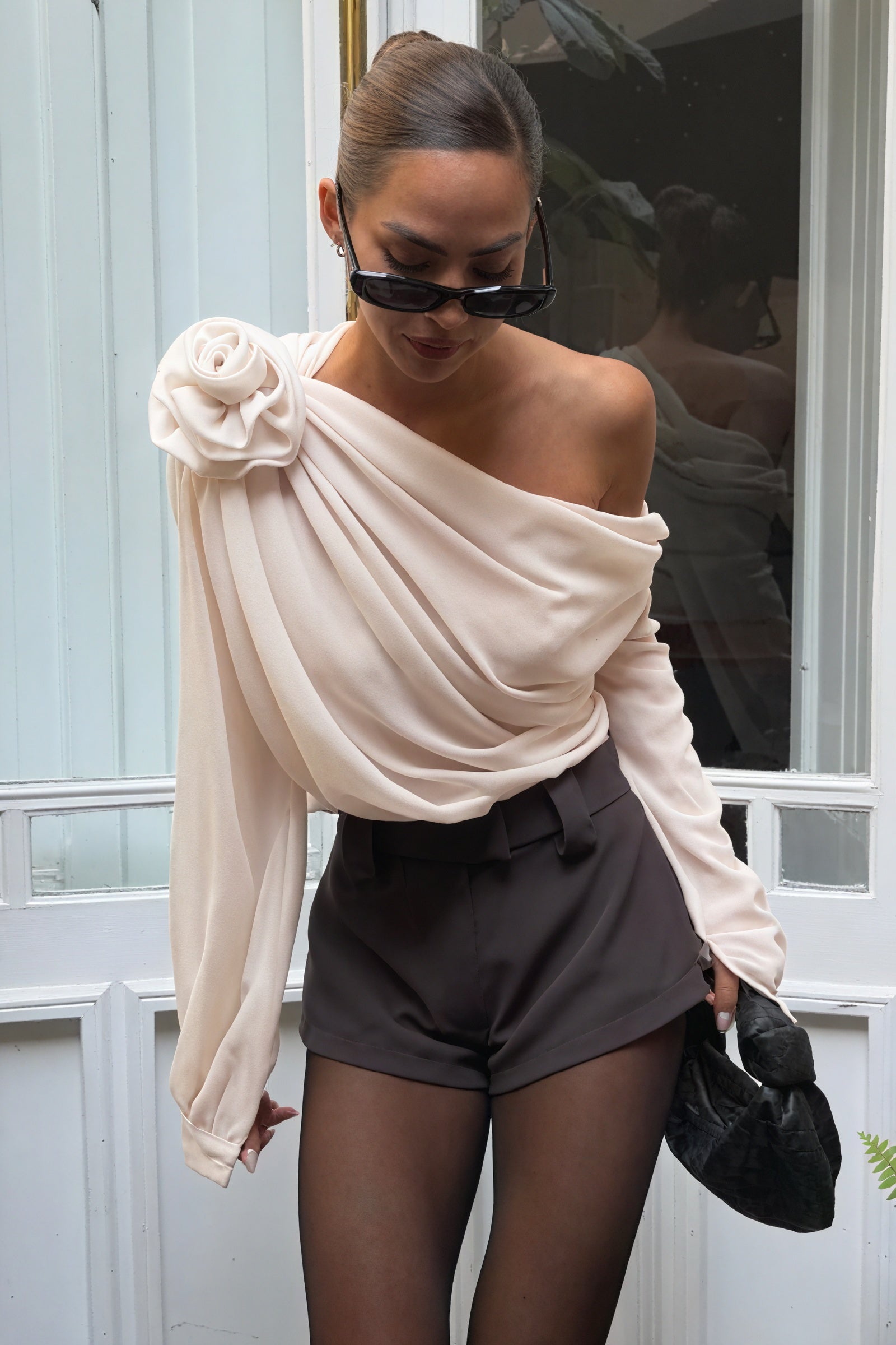 Sculpted Shoulder Top - Rose Detail, Beige