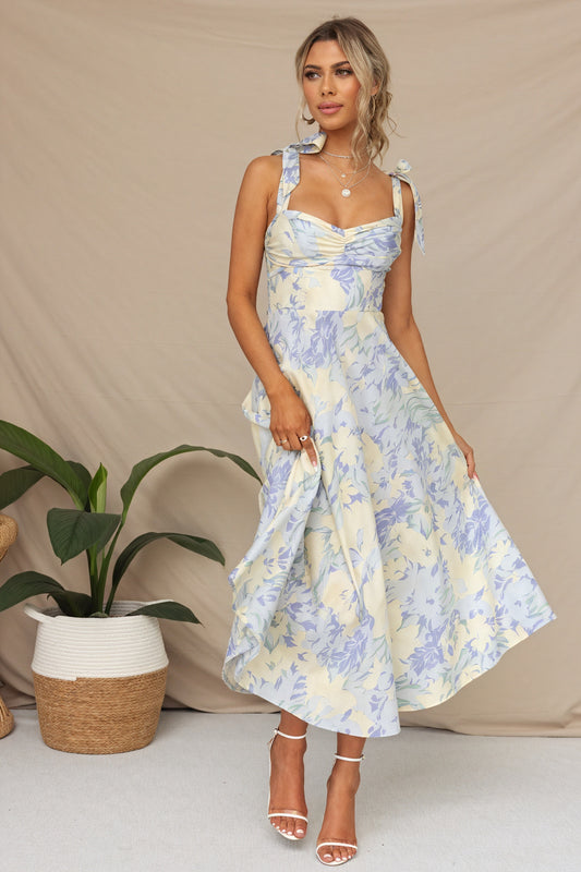 Floral Midi Dress - Tie Shoulder Straps